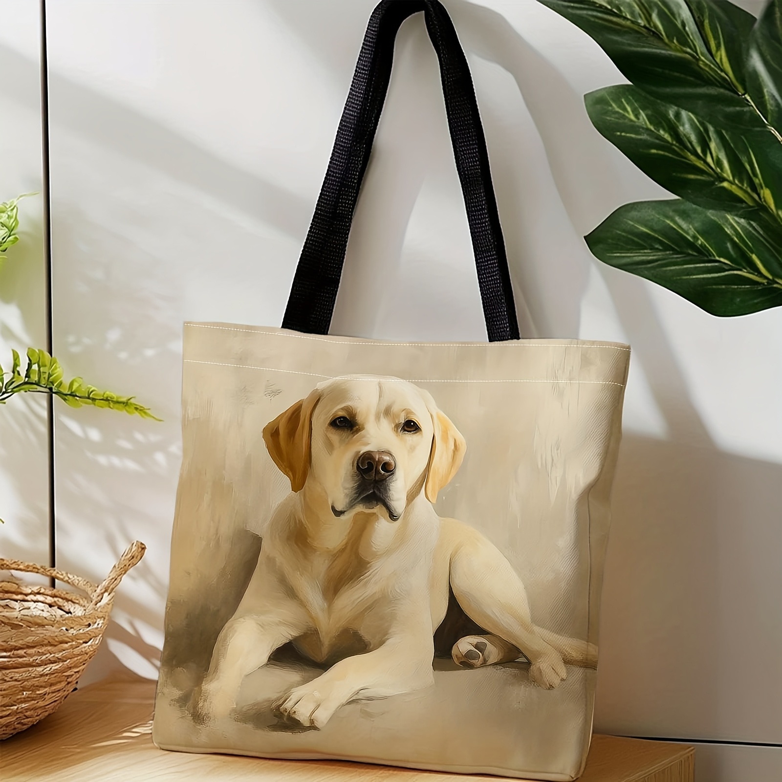 TEMU 1pc A Shopping Tote, A Portable Shoulder Bag Made Of Featuring A Yellow Lying Down, Ideal For Travel, Cosmetics, Holiday Storage, Home Decor,