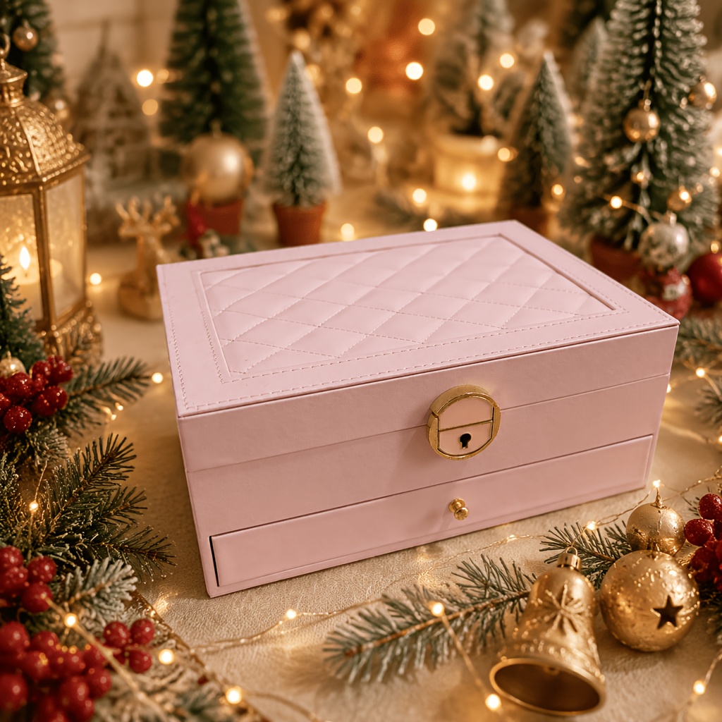 1pc Rhombus Double-Layer Christmas Gift Premium Large Capacity Jewelry Box - Faux Leather Multifunctional Jewelry Case, Lockable Watch Box, Portable Jewelry Organizer, Drawer-Style Vanity Jewelry Organizer