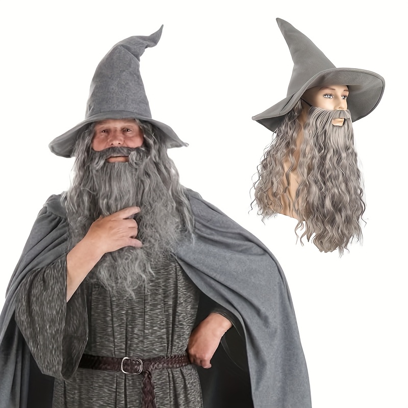TEMU Cappello da Stregone Grigio, e Barba, Capelli Lunghi Ricci Resistenti al Calore per Costume di Halloween, Senza Batteria