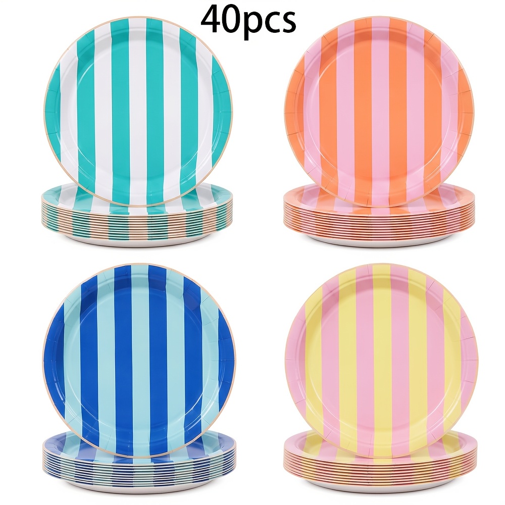 TEMU 40pcs, Macaron Vertical Striped 9 Inch Disposable Paper Plates, 4 Kinds Fresh Contrast Colors Round Tableware, For Summer Beach Gatherings,