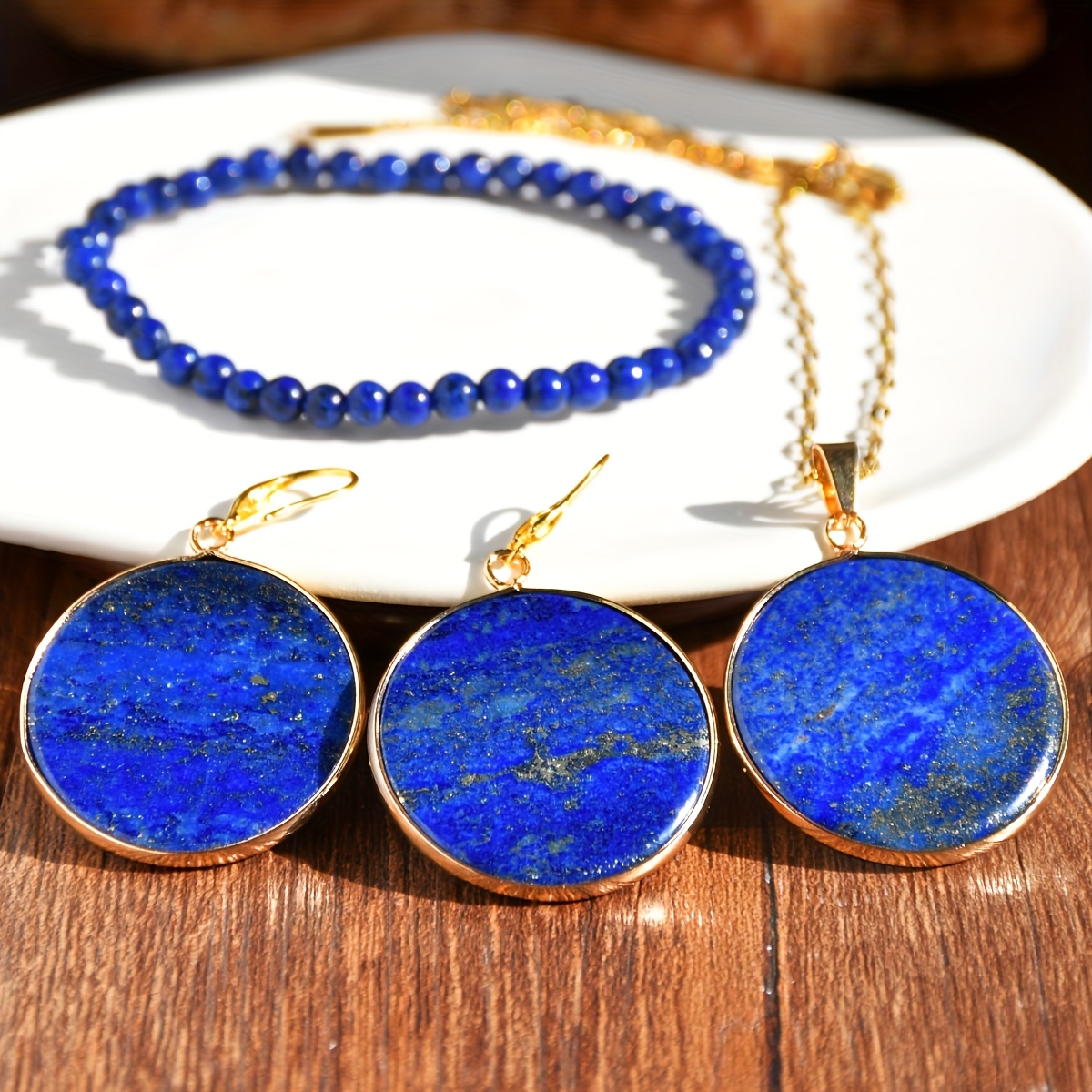 Lapis Lazuli Dangle Earrings & Necklace Set with Golden Tone