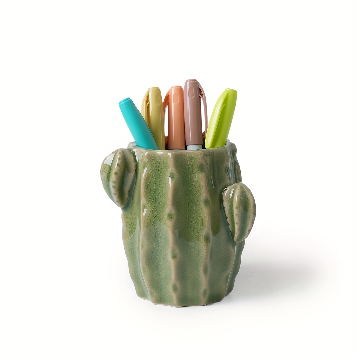 Image of Cactus Ceramic Pen Holder/ Storage Box, Exquisite Ice Crack Design, Multi-functional Desktop Organizer, Makeup Brush Holder, Office Desk Organizer, Bathroom Toothbrush Stand, Office Decoration