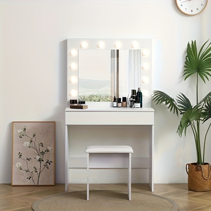 

Vanity Table With Large Lighted Mirror, Makeup Vanity Dressing Table With Drawer, 1pc Upholstered Stool, 12 Light Bulbs And Adjustable Brightness, White Color