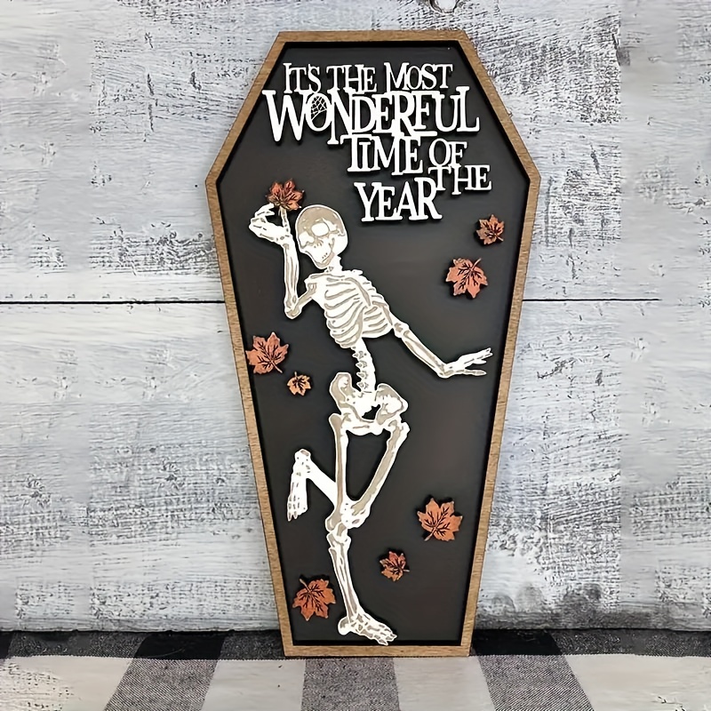 

Halloween Dancing Skeleton Coffin Sign – Manufactured Wood Decor With Fall Leaves, English Text, Versatile Mounting Yard Art