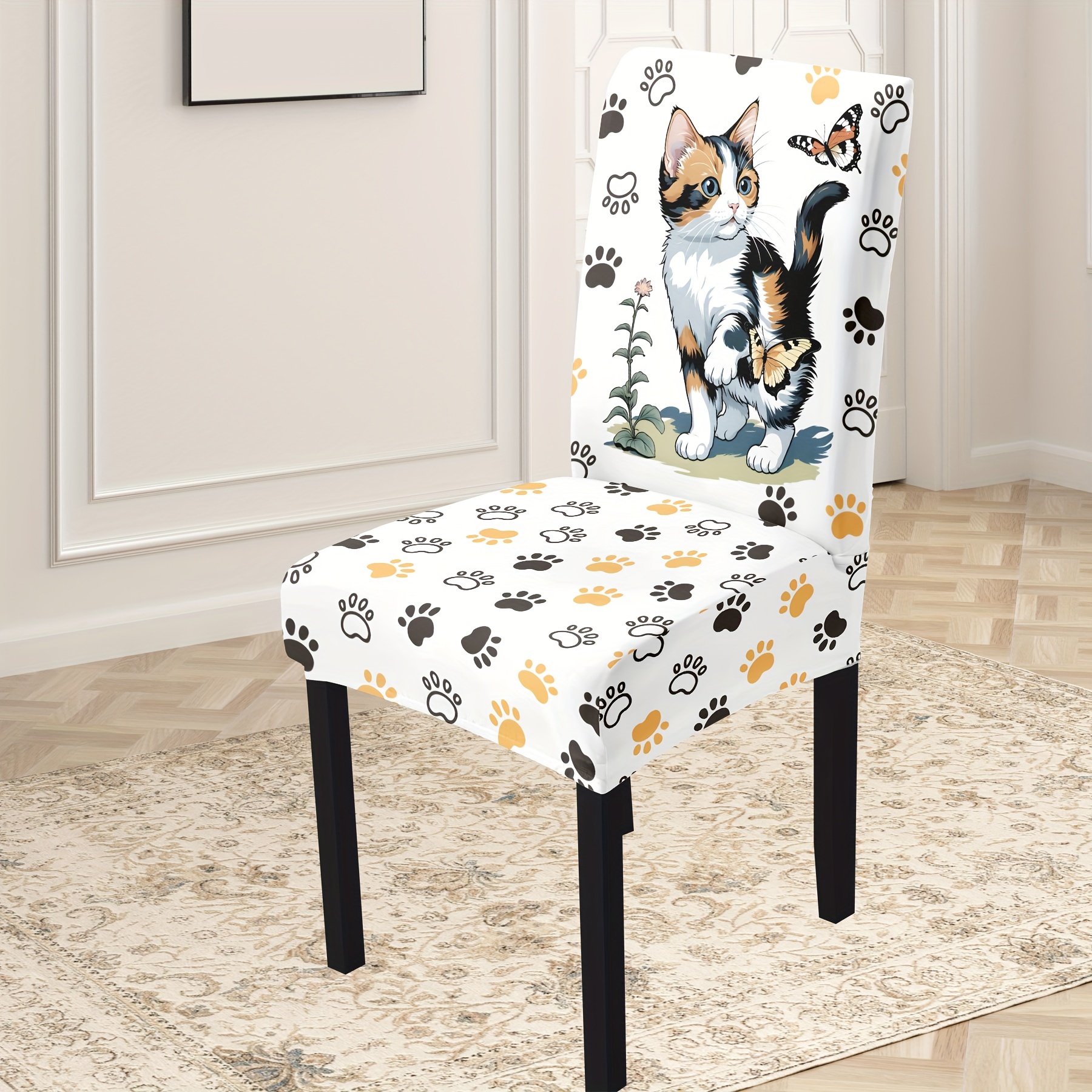 

4/6-piece Playful Cat Paw Print Chair Covers - Stretchy Milk Silk Fabric, Dustproof & Washable Slipcovers For Dining Chairs - Vintage Style, Easy Care