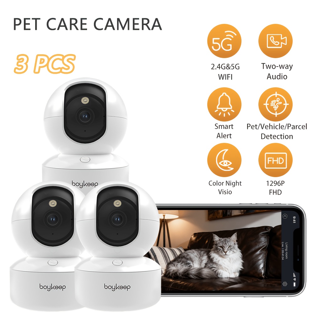 3pcs Boykeep 5g/2.4ghz Wifi Smart Camera, High-definition Indoor , Special Safety Camera For Pets, 360° Panoramic Surveillance Video, Night Vision, Calls, Cloud Storage