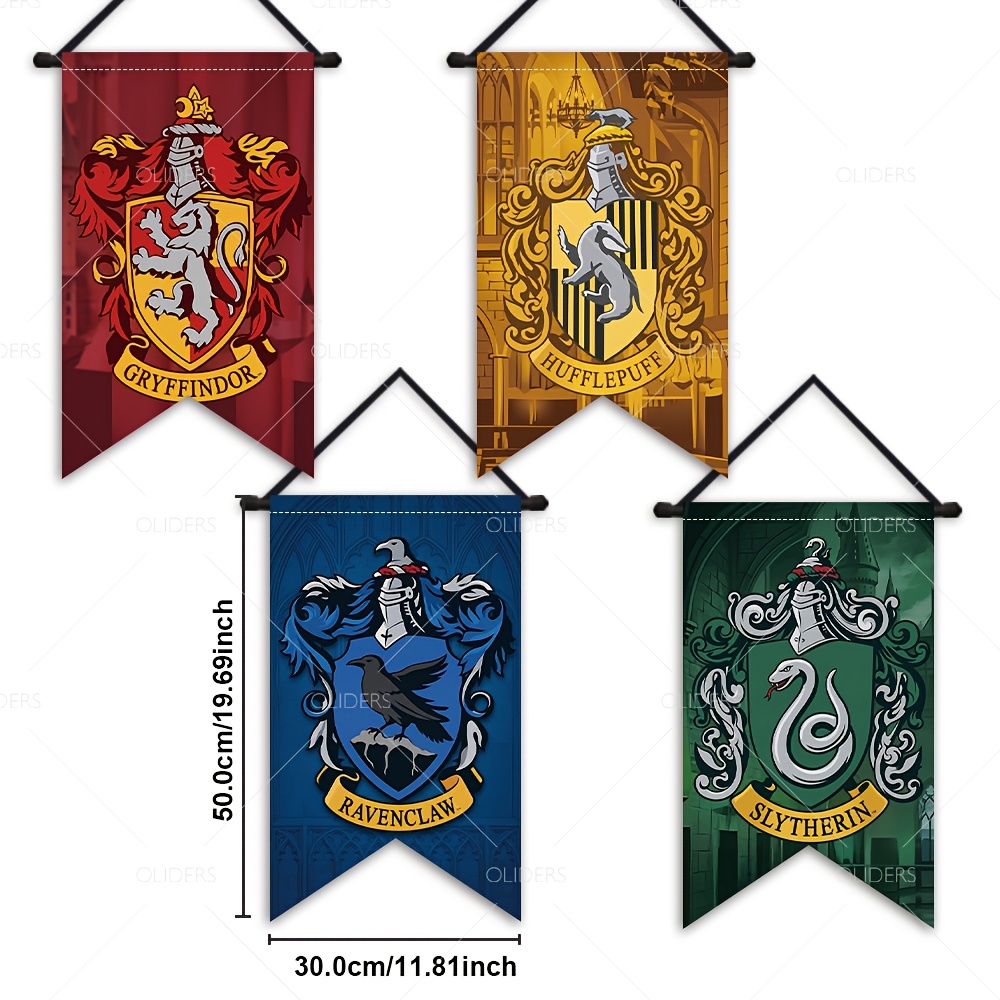 TEMU 2d Flat, 2d Flat - 2d Flat, 2d Flat - 2d Flat Banners, 4pcs Harry Potter Themed Banners, Polyester, Featuring Gryffindor, Hufflepuff, Ravenclaw,