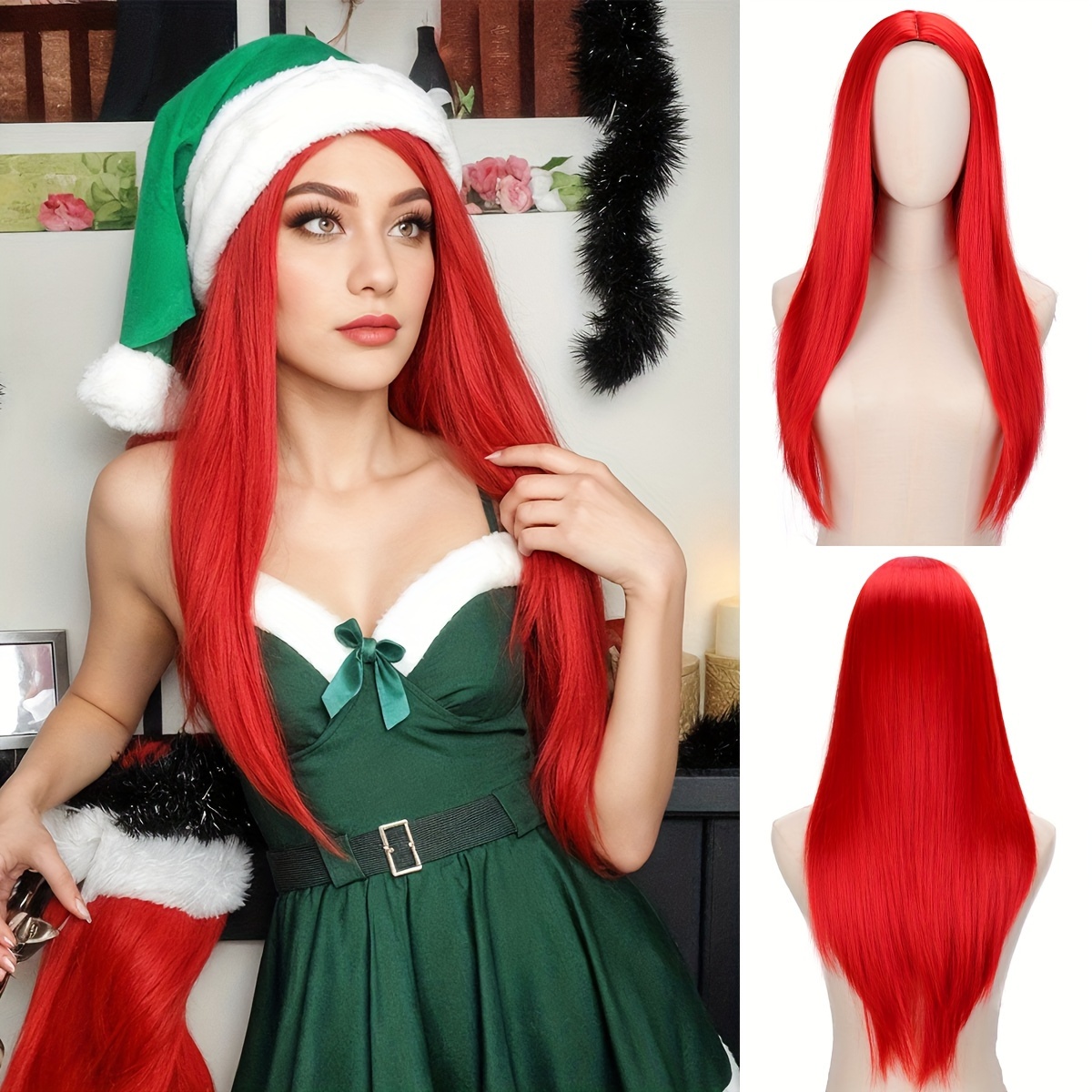 

1pc Inspired Long Straight 26" Red Synthetic Wig, Heat Resistant Viscose Cosplay Costume Wig With Middle Part, Cap For Halloween Party And