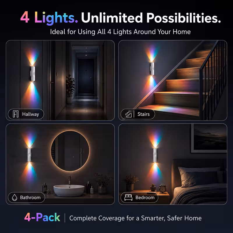4 个装双光 rgb 人体感应壁灯,9 种灯光多档调光,120° 广角感应,ip44 防水磁吸免打孔,usb充电,适配走廊、卧室、浴室、玄关 商品详情 9