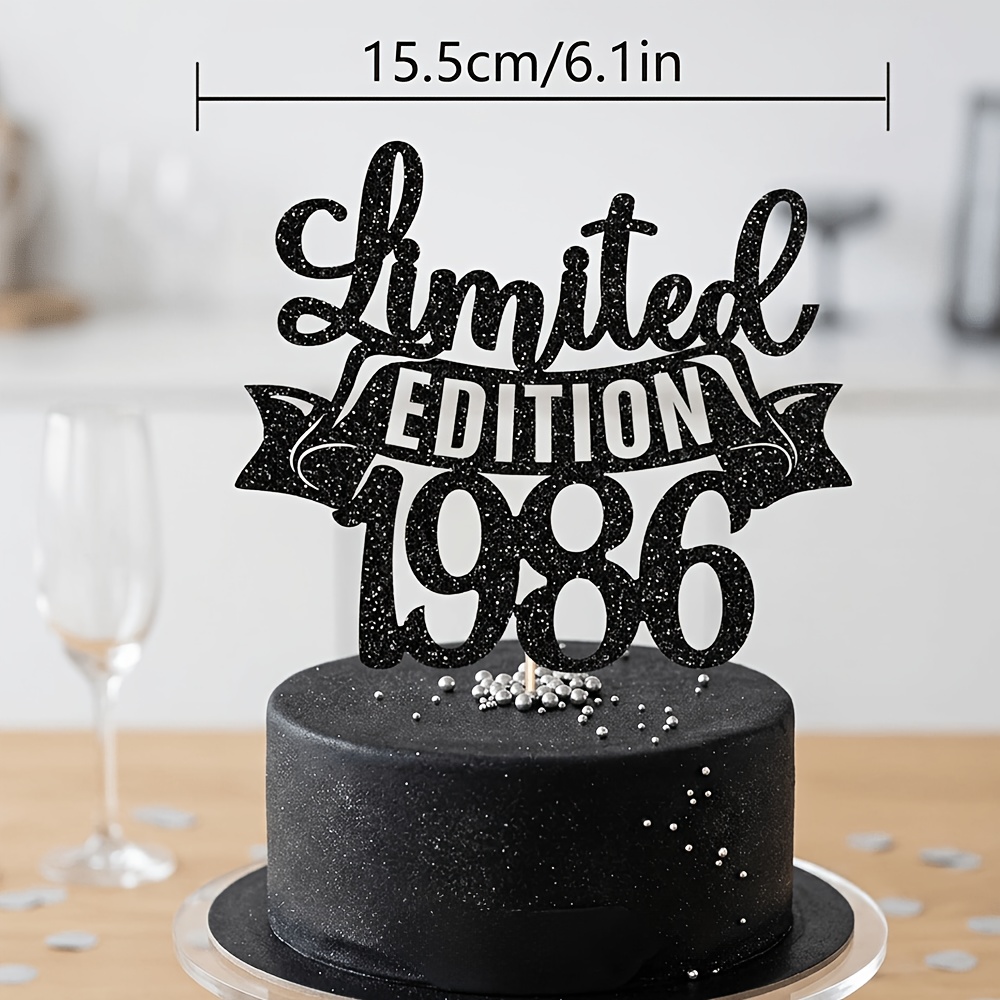 Image of 1pc Black Glitter Edition Cake Topper For 40th 50th 60th Birthday, 1966 1976 1986 Vintage Theme Party Decor, Sparkling Milestone Anniversary Dessert Supplies, Halloween, Christmas