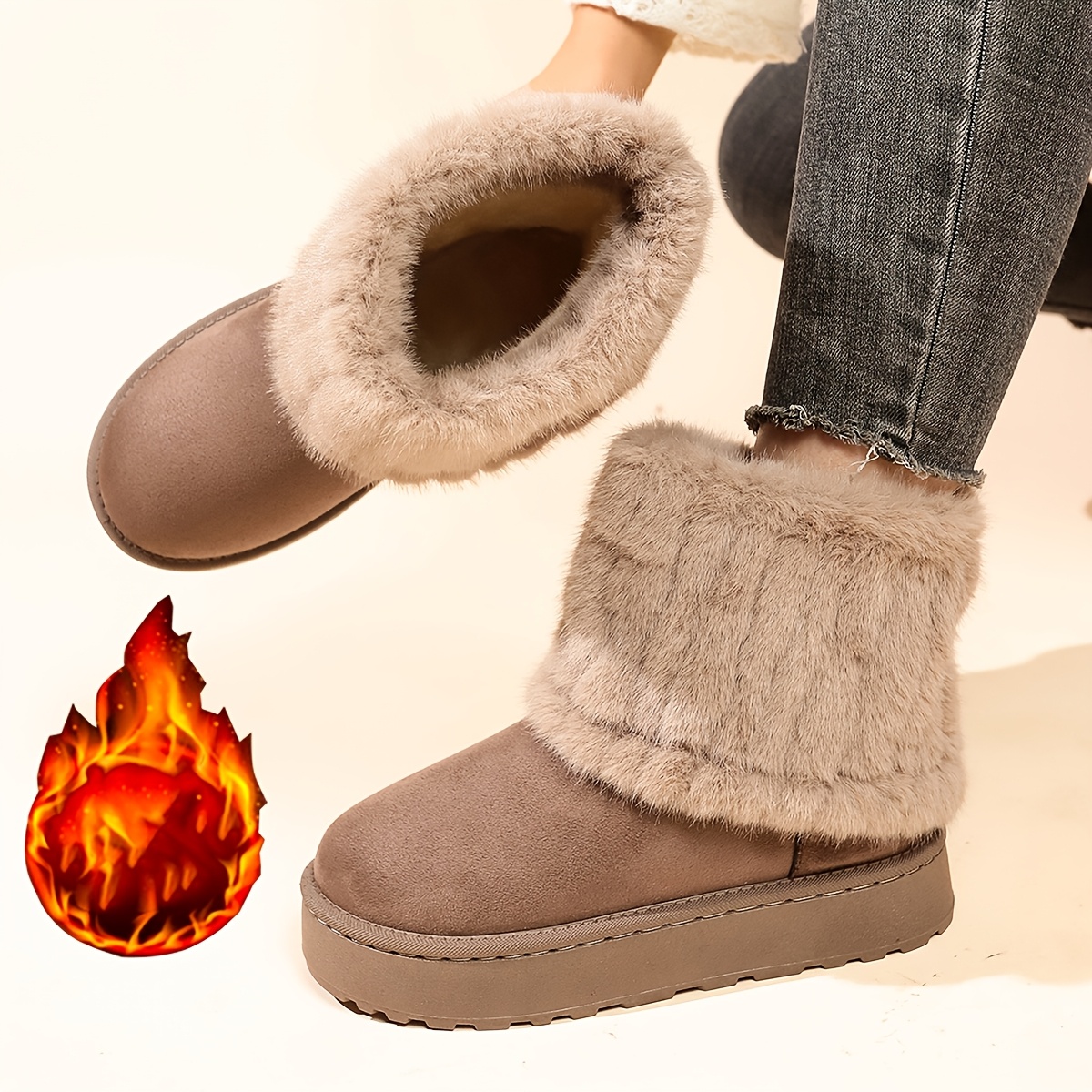 TEMU Women's Winter Knitted Cuff Mid-calf Snow Boots With Thick Platform Sole, Plush Lined, Thickened For , Versatile, Height-increasing,