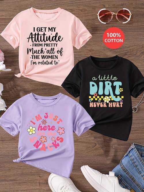 girls 100 cotton three piece set i attitude a little dirt im just letter print t shirt