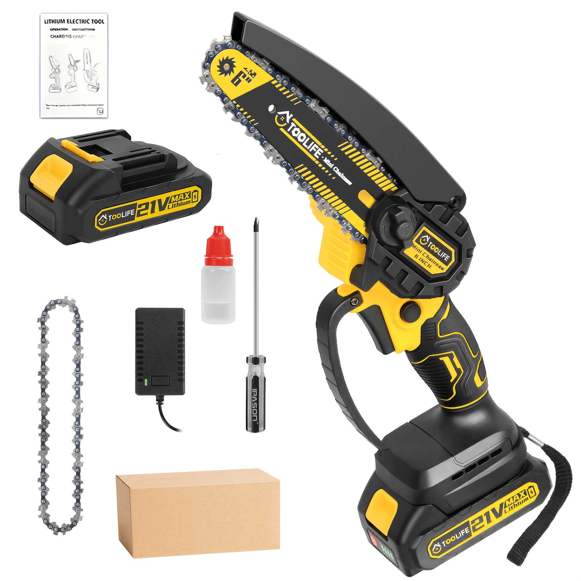 TEMU Cordless Mini Chainsaw, 6 Inch Handheld Electric Chainsaw, Portable With 1/2 Rechargeable Batteries & Toolbox, For Tree Trimming, Wood Cutting &