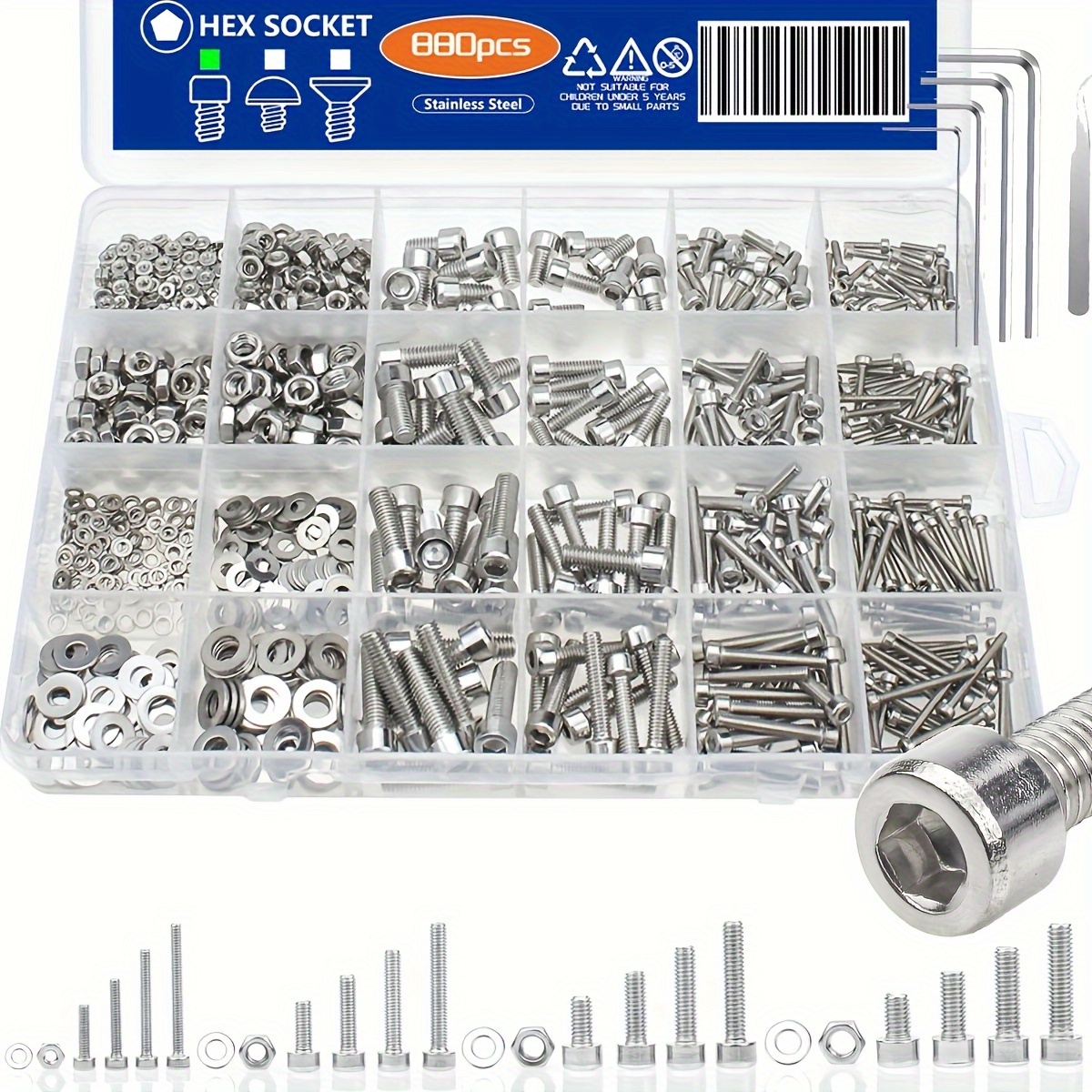 

880pcs Nuts And Bolts Assortment Kit, M2 M3 M4 M5 Hex Head Assortment Stainless Steel Bolts Nuts Flat Washers Nuts Bolts With Case