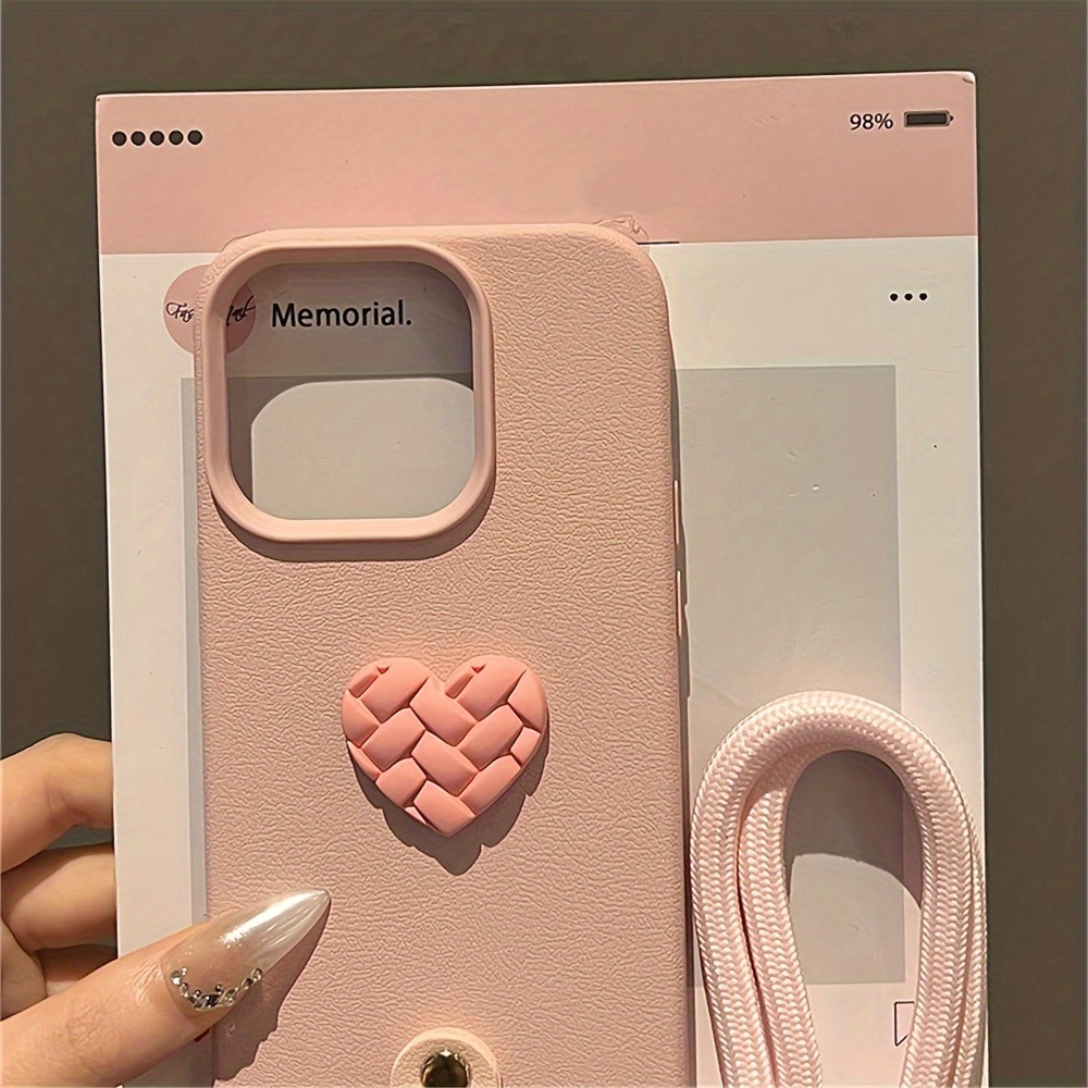 Stylish Braided Love Heart Phone Case with Portable Rope Compatible with iPhone 16 15 14 12 13 11 Pro Max, Shockproof Back Cover