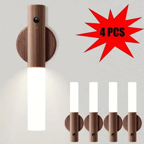 motion sensor night lights magnet body hallway rechargeable led wireless wall sconces portable decor battery powered indoor for bedroom for in staircases wardrobes closets walnut wood 4pcs