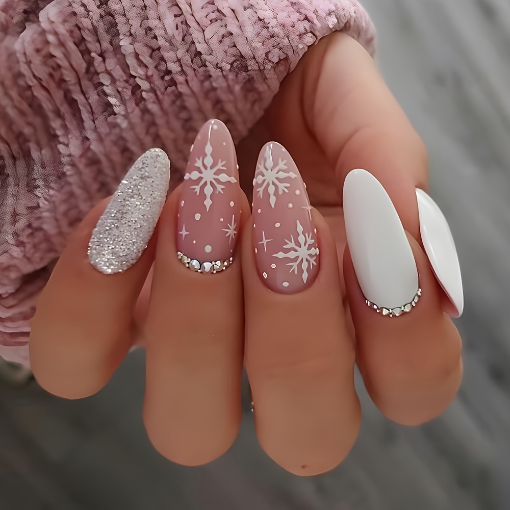 

24pcs Christmas Glossy Press-on Nails Set, Long Round Almond Shape, Pink & Silver, Rhinestone Accents, Red Snowflake & Silave Designs, Festive False Nails For Women