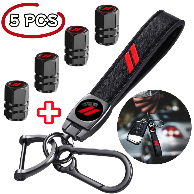 TEMU 5pcs Automotive Pu Leather Keychain And Tire Valve Cap Set, Hexagonal Aluminum Alloy Tire Valve, Automotive Keychain, Universal Automotive