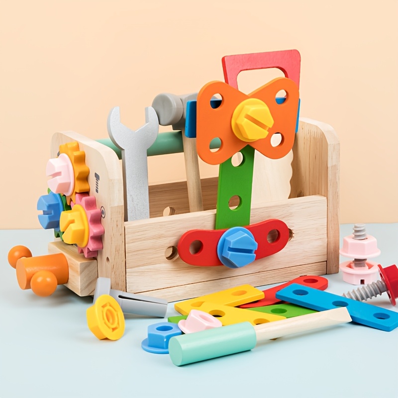 Image of Wooden Play Tools Set With Tool Box, Wooden Tool With Box, Pretend Play Construction Toy, Stem Educational Construction Building Toy For 3+ Years Old Boys Girls Birthday Gifts