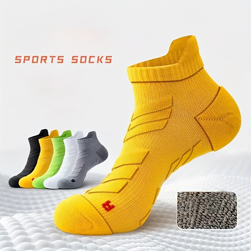TEMU 5 Pairs Of Men's Athletic Socks Featuring A Non-slip Design, Thick Towel-like Bottoms, Breathable Knitted Material, Shock-absorbing , Ankle