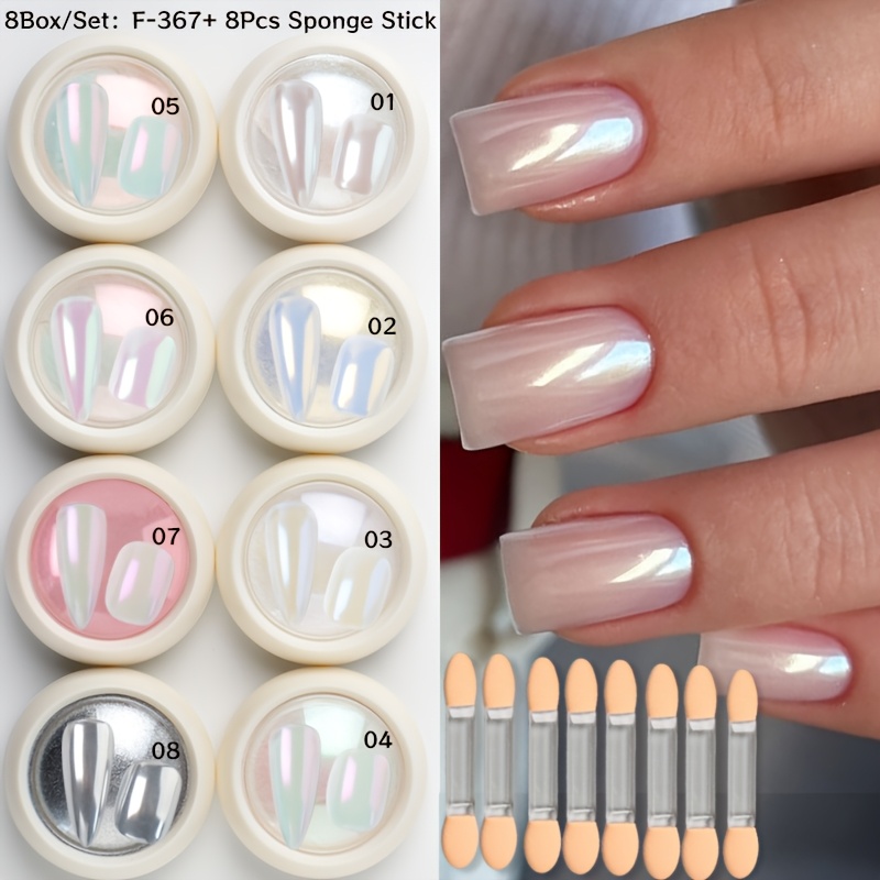 Image of Aurora Powder And Sponge Stick Nail Art Set - White High- Powder, Powder, Mirror Powder, Versatile Soft Light, Mirror Powder, Nail Decoration Powder