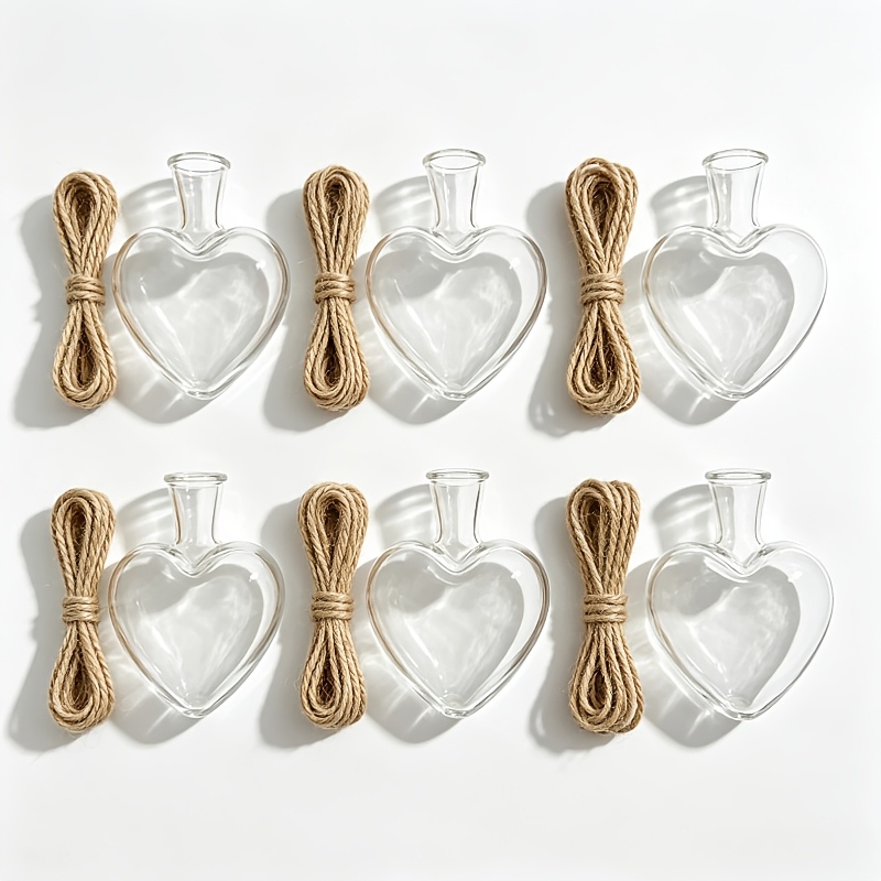 TEMU 12pcs Set (6pcs Heart-shaped Bottles And 6pcs Jute ) Hanging Matching 6pcs Jute Heart-shaped Glass Vases, Suitable For Floral Indoor Courtyard