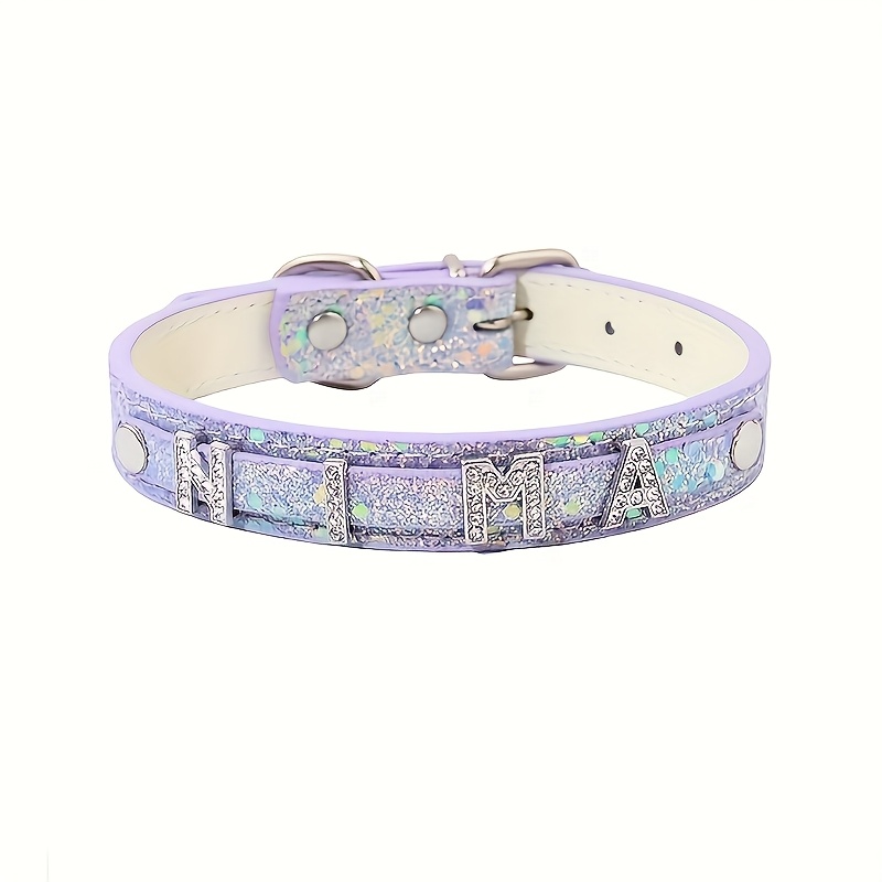 TEMU Collier pour animal de compagnie personnalisé en similicuir à paillettes avec des chaînettes de lettres, comprenant une plaque d'identification