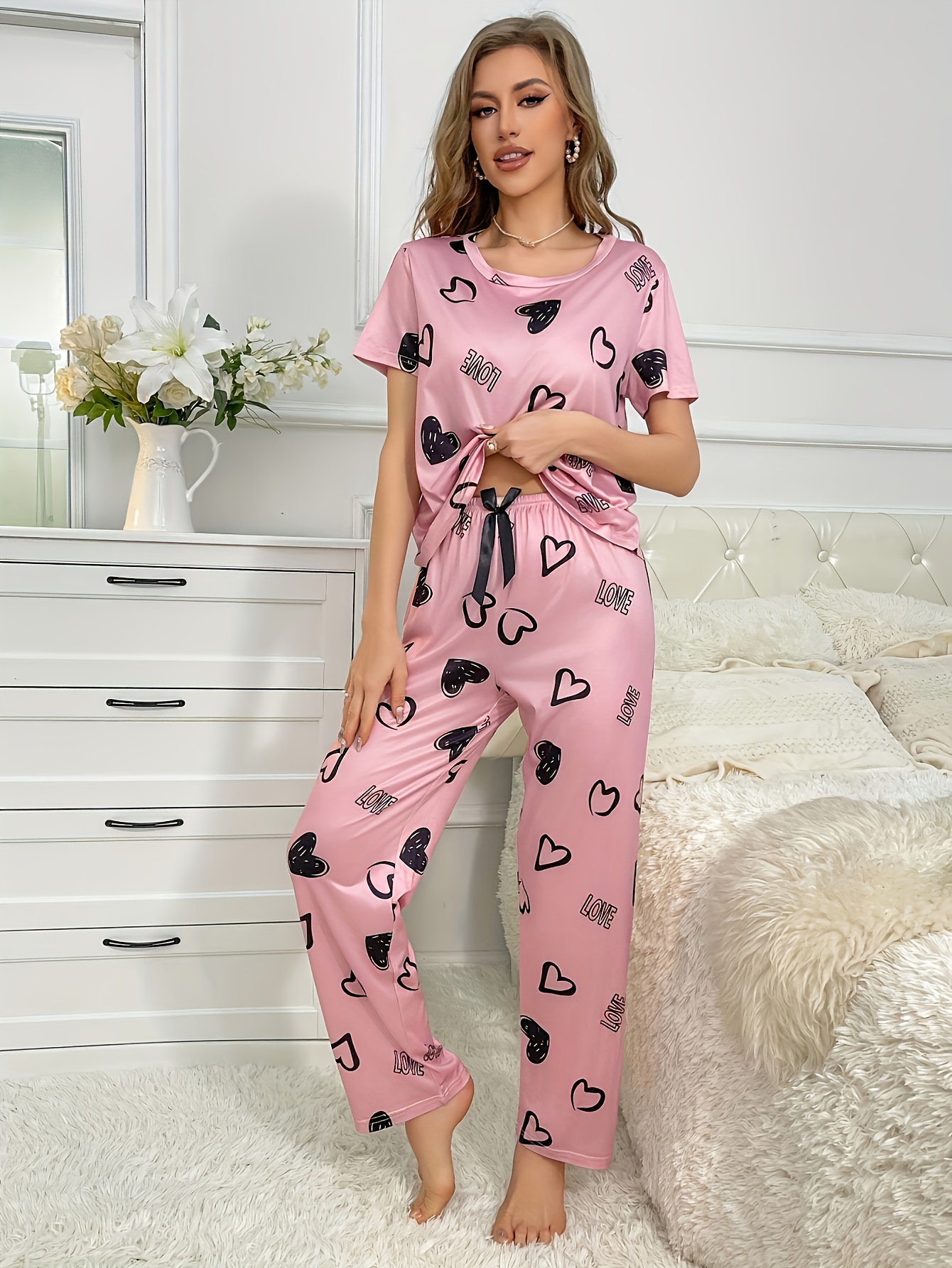 an adorable   and letter print womens pajama set featuring a short sleeve round neck top   with long pants soft and comfortable Product details 3