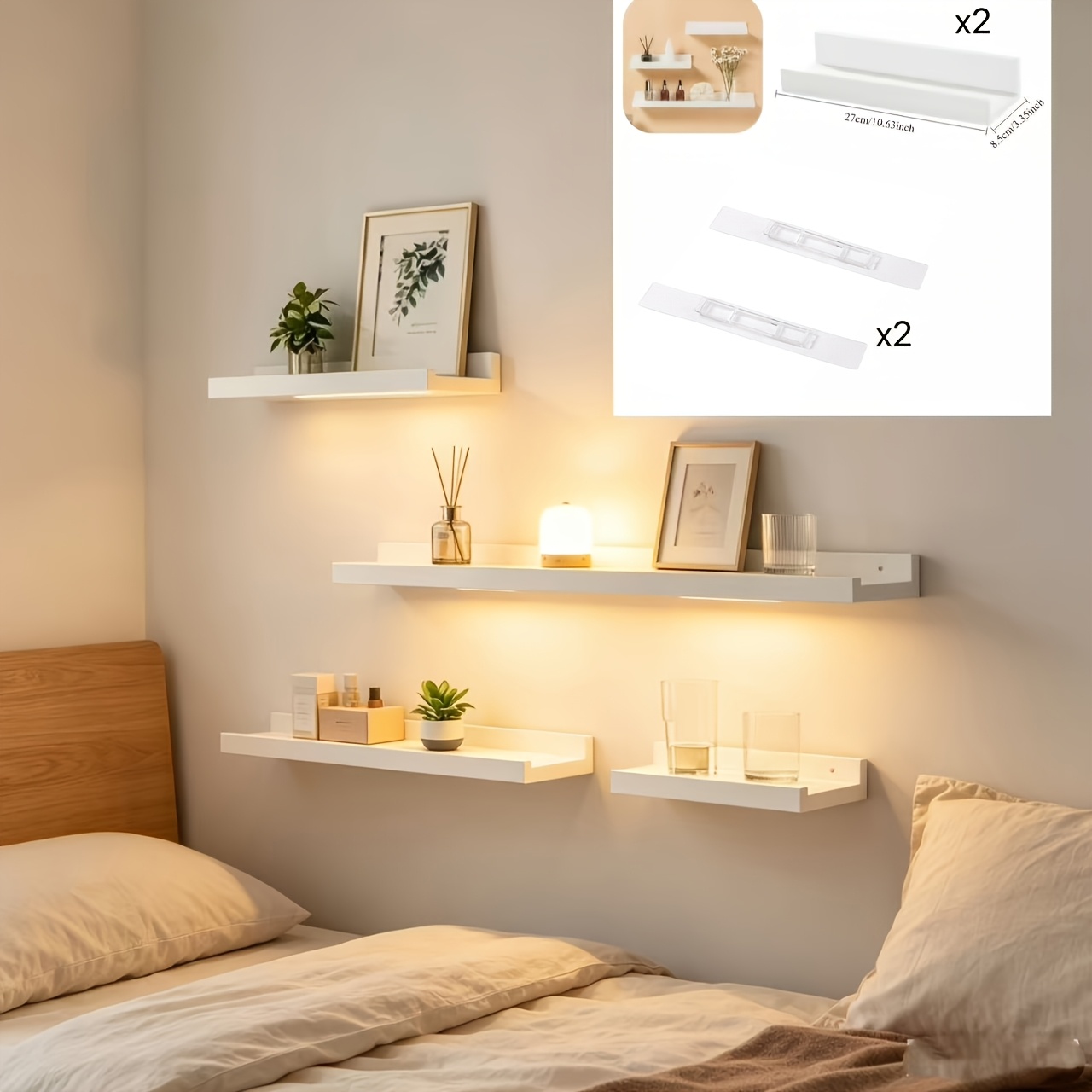 TEMU Set mensole sospese a parete: 2 mensole + 2 ganci, organizzatore da parete senza e senza danni, design rettangolare, per bagno, cucina, studio e
