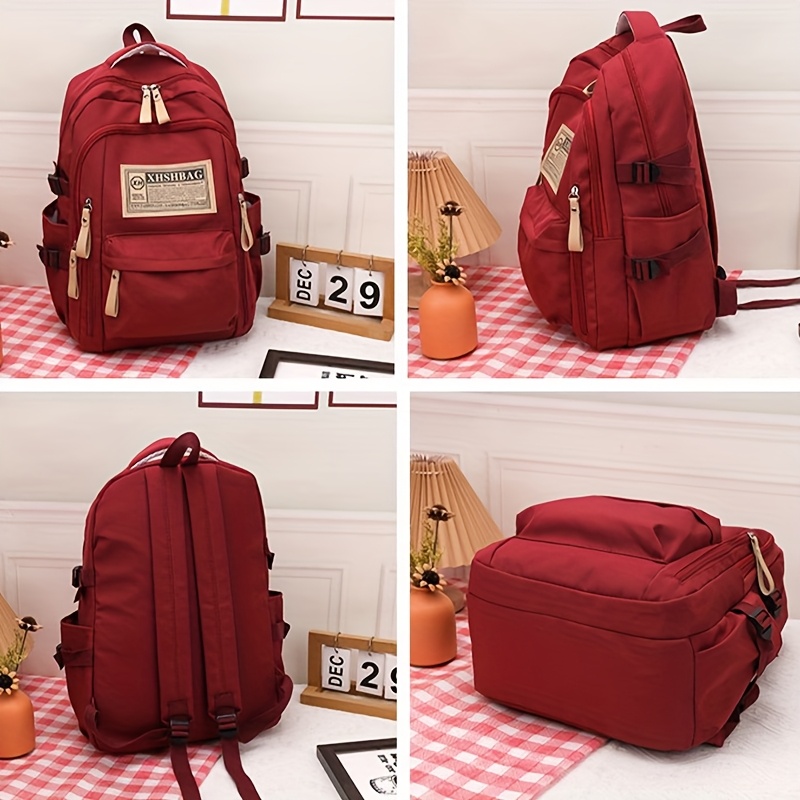 red casual backpack with adjustable shoulder straps multiple pockets lightweight durable polyester for travel school daily   stylish functional design daily   bag minimalist backpack lightweight bag details 2