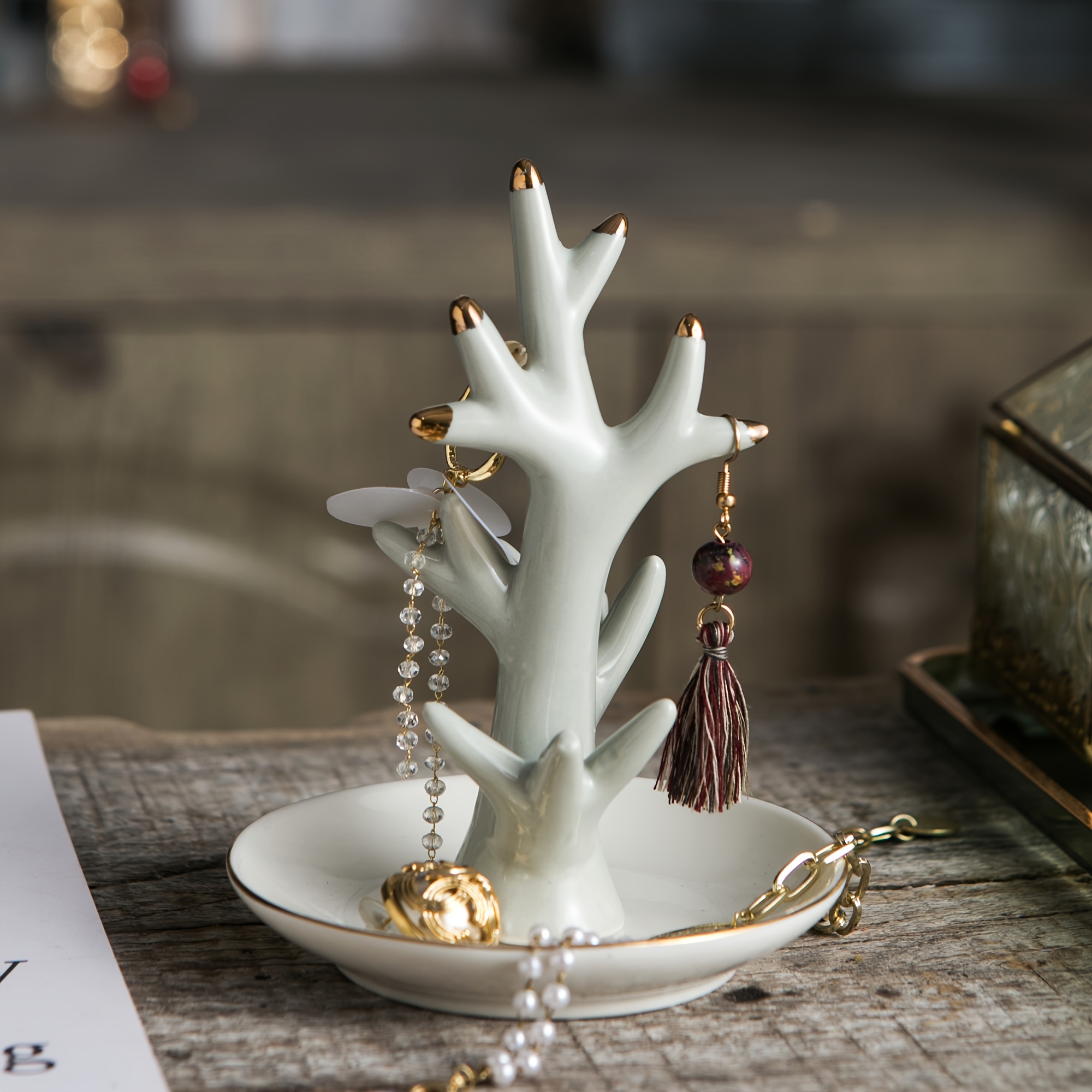 Ceramic Ring Holder Dish White Jewelry Organizer with Golden Accents,  Decorative Earring Necklace Stand for Dresser, Nightstand