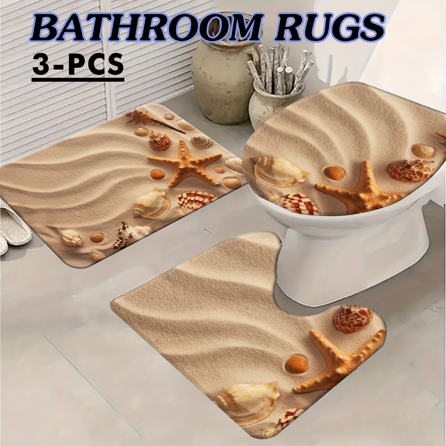 

3-piece Ocean Coastal Starfish Beach Rug Set - Bath Mat, Toilet Seat Cushion, And U-shaped Mat - Machine Washable, Low Pile, And Made Of Polyester