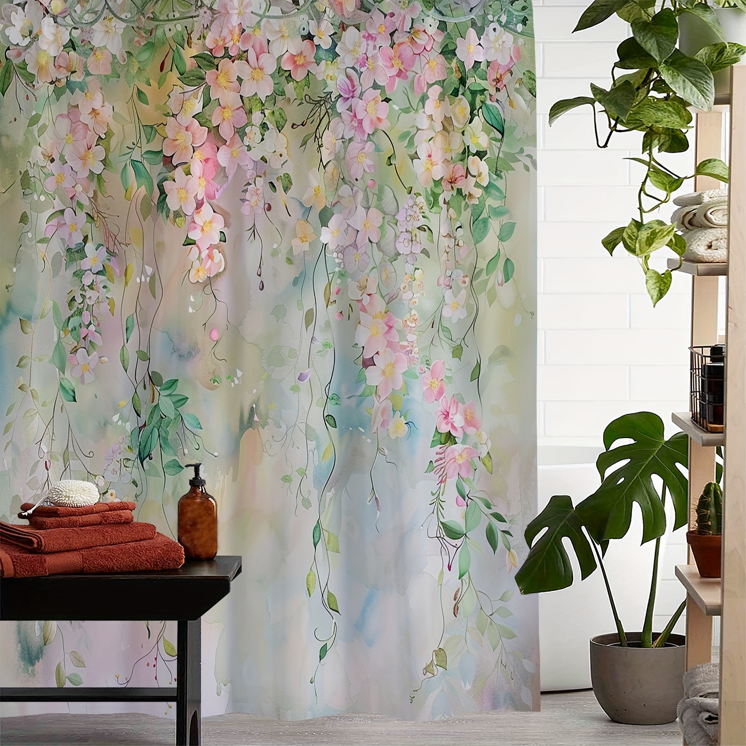 

1pc Floral Vine Pattern Shower Curtain, Waterproof Shower Curtain With 12 Hooks, Bath Curtain, Bathroom Partition, Room Decoration, Machine Wash Window Bathroom Decoration