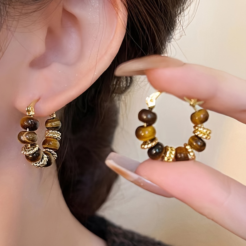 

1 Pairs Retro French Fashion Tiger Eye Stone Ear Cuffs - Plated Golden Earrings For Women - Perfect Birthday Party Christmas Gift