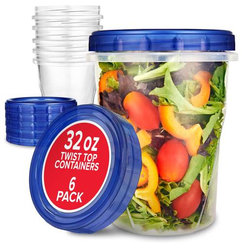 6 boxes 10 contain plastic containers with twist off lids along with quarter sized freezer containers with lids and airtight reusable soup containers in 32 oz 16 oz and 4 oz sizes that are safe for microwaves and dishwashers