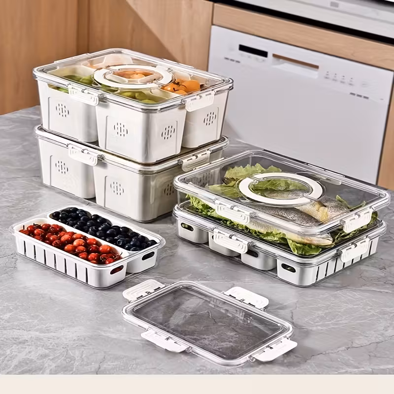 1pc stackable refrigerator storage box with lid and drain basket 2 4 transparent compartments reusable produce saver for and fruits kitchen organizer bin hand wash only plastic material rectangular shape vegetable storage stackable container clear lid feature kitchen organizers and storage details 3