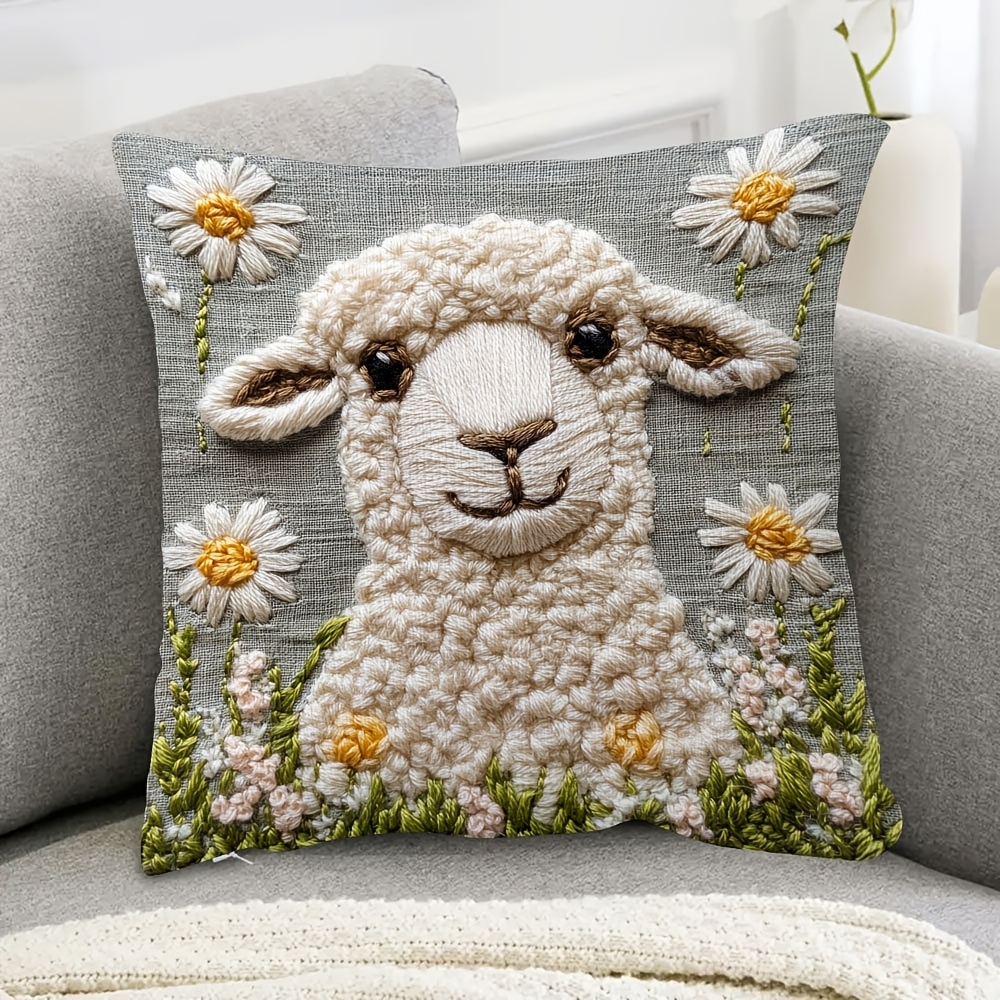 

1pc Soft & Cozy 18x18" Short Plush Throw Pillow Cover With Cute Sheep & Daisy Embroidery - Double-sided, Zippered, Hand Washable - Ideal For Decor (pillow Insert Not Included)