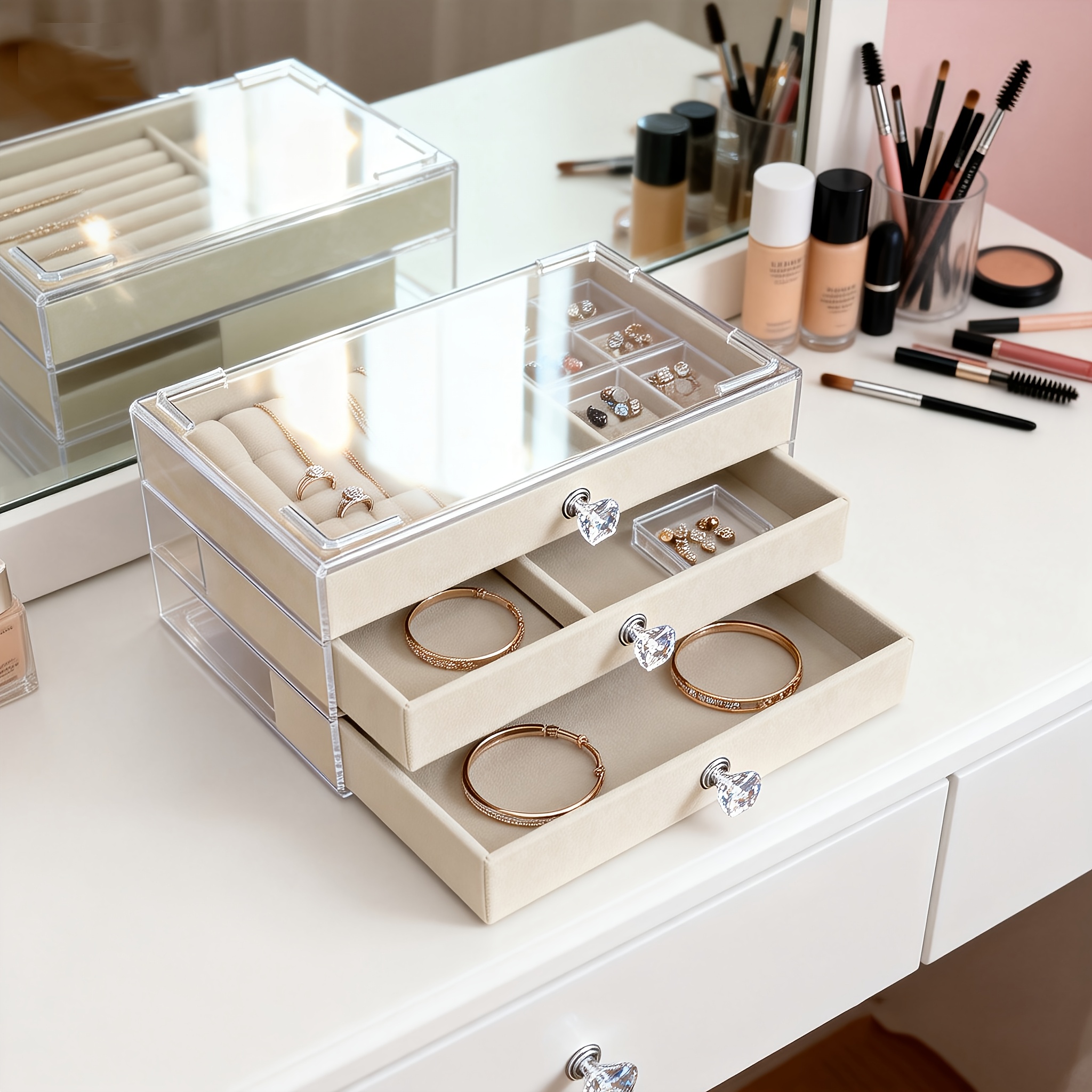TEMU Clear Acrylic Velvet Jewelry Organizer With 3 Drawers, Stackable Display Storage Earrings Necklace Rings Bracelets Box Holder Case For Women,