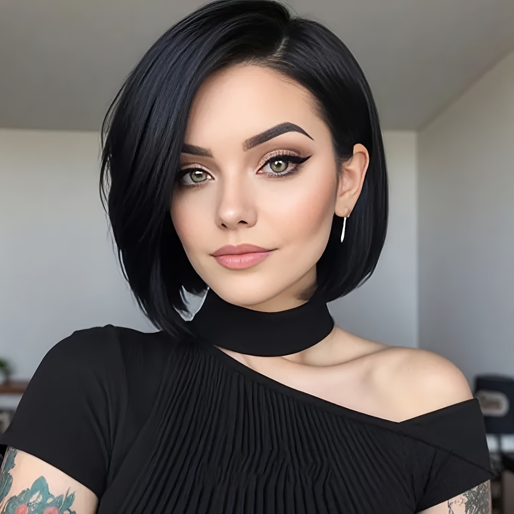 Image of Short Bob Wig 4x1 Lace Side Part Synthetic Wig Short Straight Bob Wigs For Women Straight Black Wig Heat Resistant Synthetic Wig Daily Or Cosplay Use