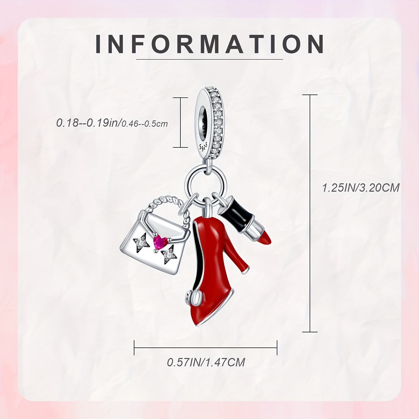 925 Silver Women Handbag Heels Lipstick Charm Pendant