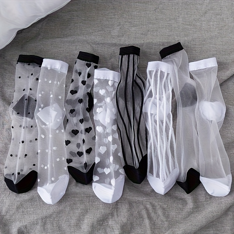 TEMU Pairs Of Ultra-thin Mid-tube Crystal Socks And White Transparent Glass Fiber, Designed For Summer With , Sweat Absorption, And Heart Mesh,