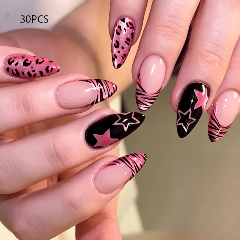 TEMU Lot de 30 faux ongles noirs et roses à pression style , imprimé léopard rose, imprimé zèbre, étoile, ongles amandes peints à , faux ongles Y2K