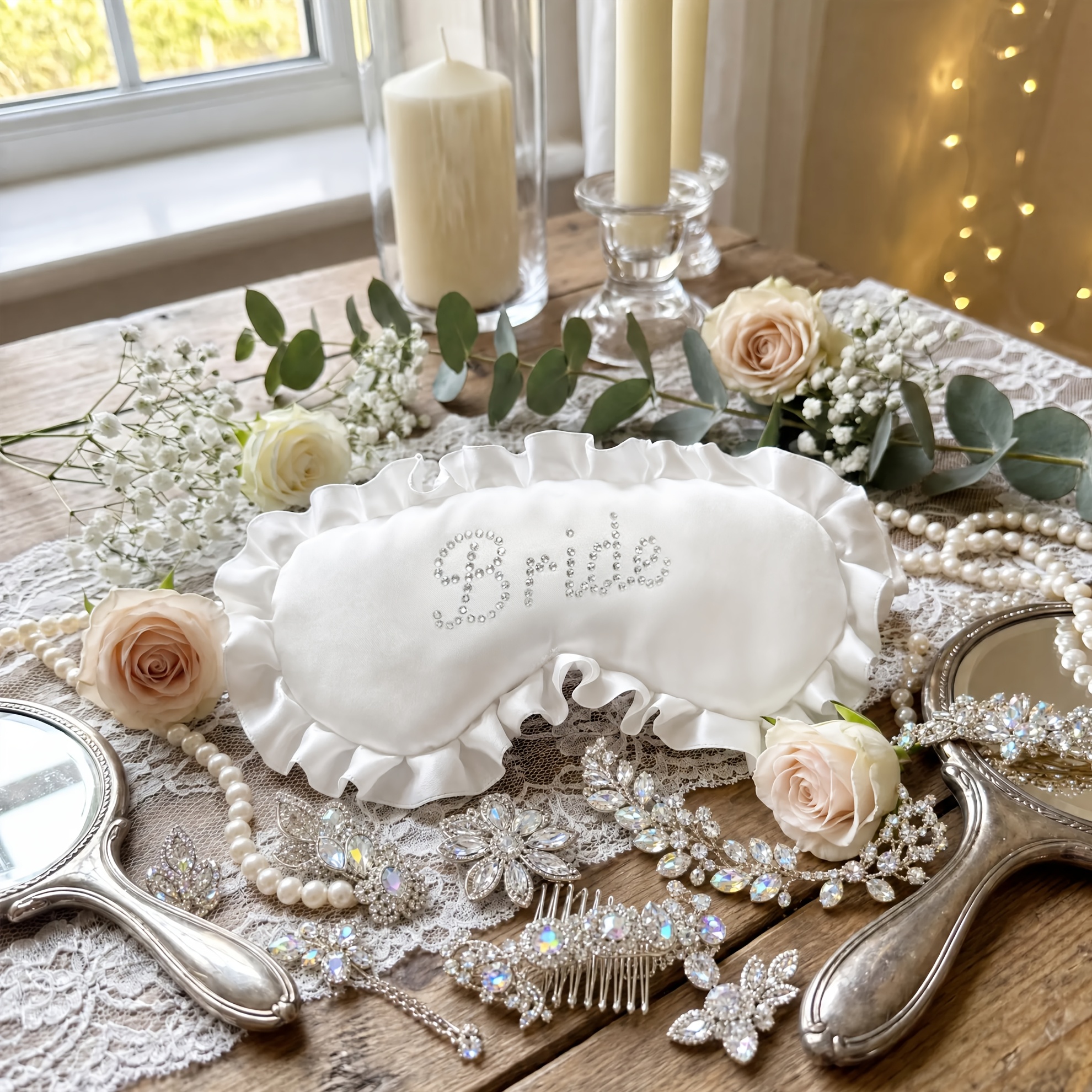 TEMU Masque de nuit élégant pour mariée, blanc, avec bordure à volants et motif de lettres en strass, et lisse, bloque , idéal pour les fêtes