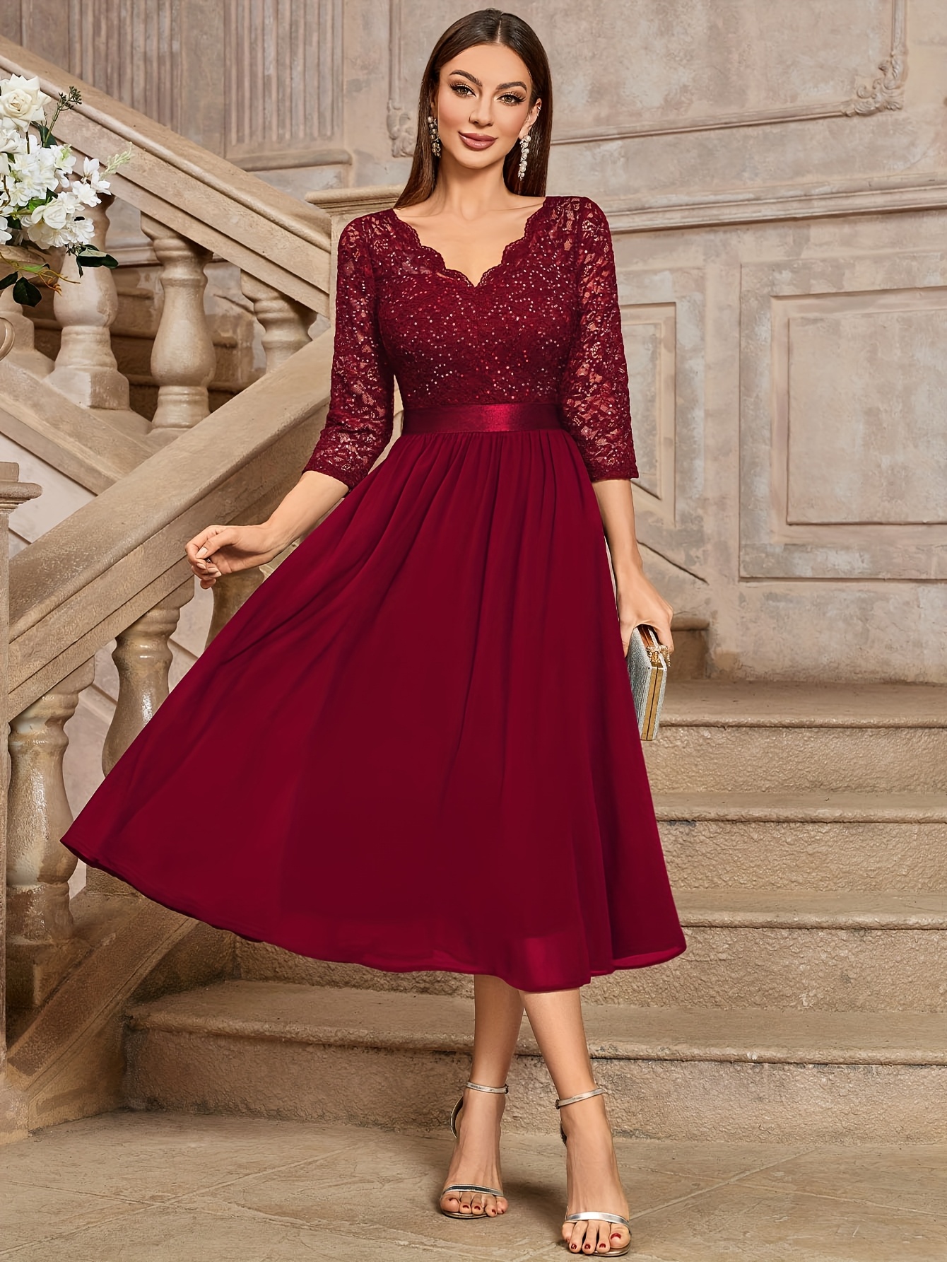 Women's Elegant Chiffon Cocktail Dress - Classy 3/4 Sleeve Ruffle Party Dress For Weddings & Events