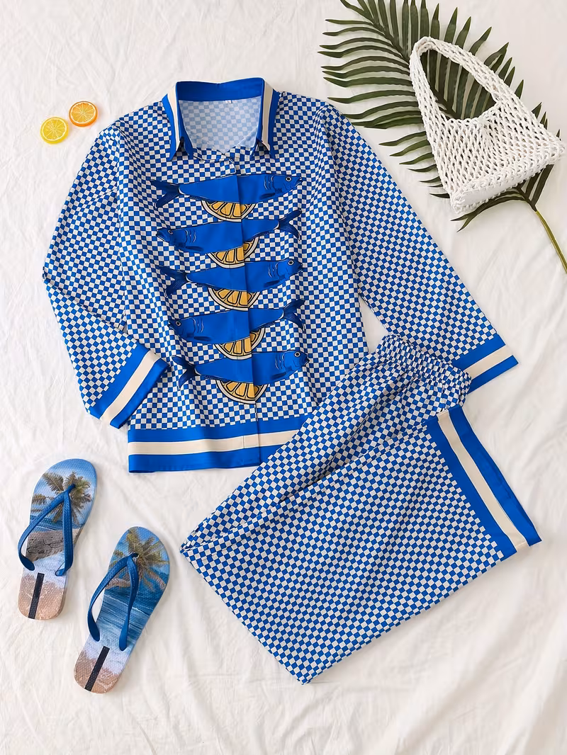 conjunto de camisa y pantalón de larga para mujer con estampado en varios colores, ideal para vacaciones en nn Detalles del producto 0