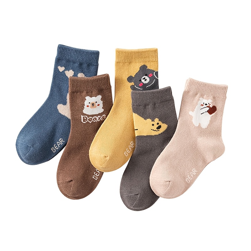 TEMU 5 Pairs Boys Socks Cute Cartoon Bear Pattern Comfortable Breathable Kids Baby Socks, Fall And Winter Clothes