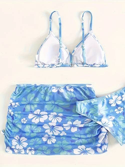 teen summer travel vacation beach swimwear chiffon skirt printed bikini 3pcs set for teenager