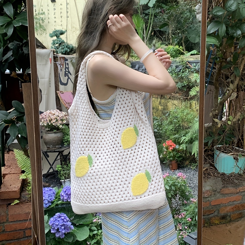 

Summer Lemon Pattern Knitted Shoulder Bags, Perfect Beach Tote Bags, Y2k Style Hollow Out Purse, Large Capacity And Lightweight Shopping Bags, Nice Gift For Ladies