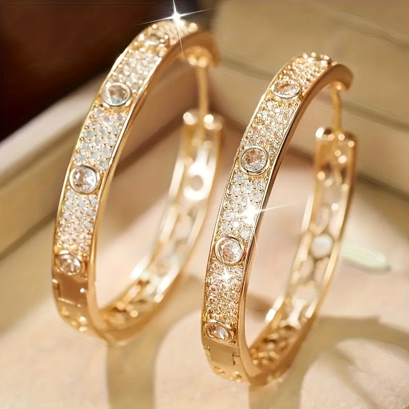 Image of Pave Shiny Zirconia Big Hoop Earrings For Women Party Banquets Weddings Anniversary Golden Huggie Hoops Earrings Jewelry Gifts