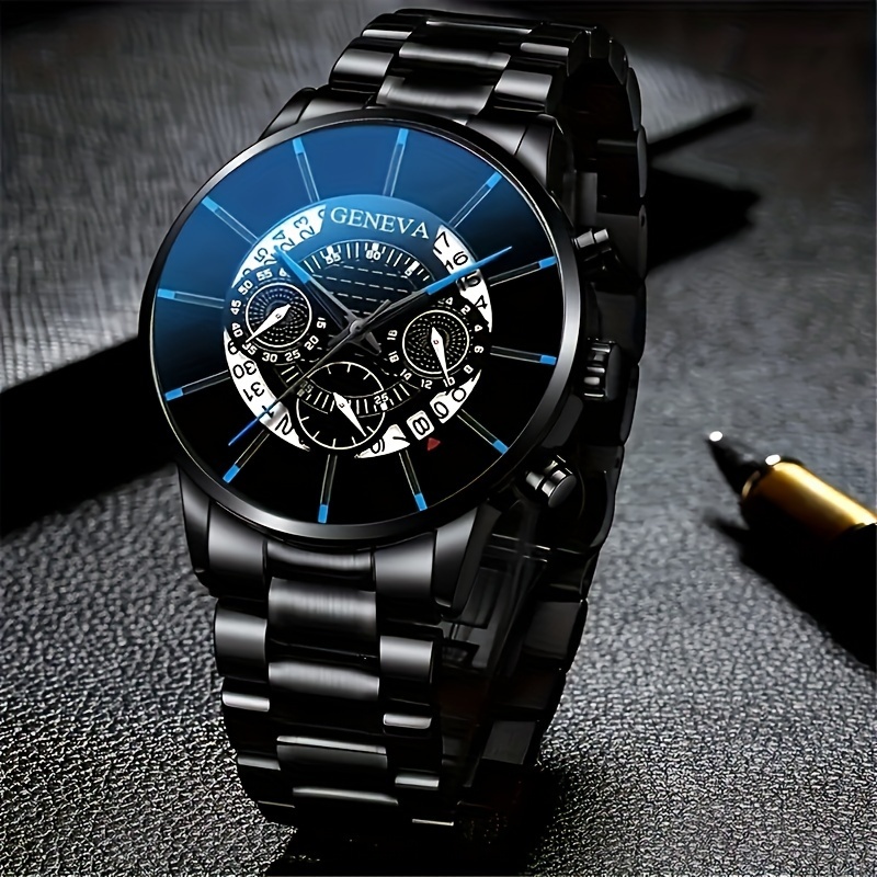 mens sleek black stainless steel quartz watch perfect gift for valentines easter eid al   details 2